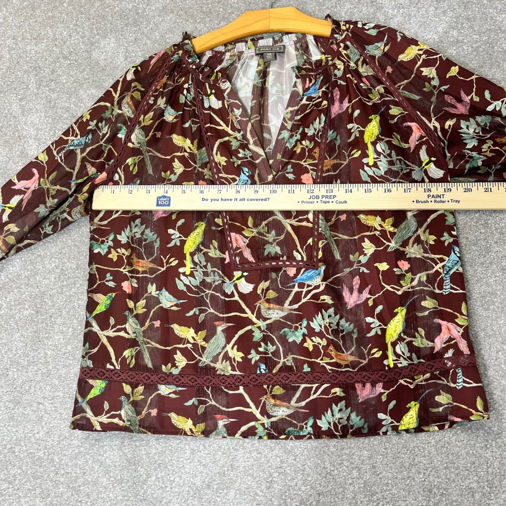Point Sur J.Crew Blouse Womens XS Burgundy Bird Print Metallic Lace - Picture 7 of 11